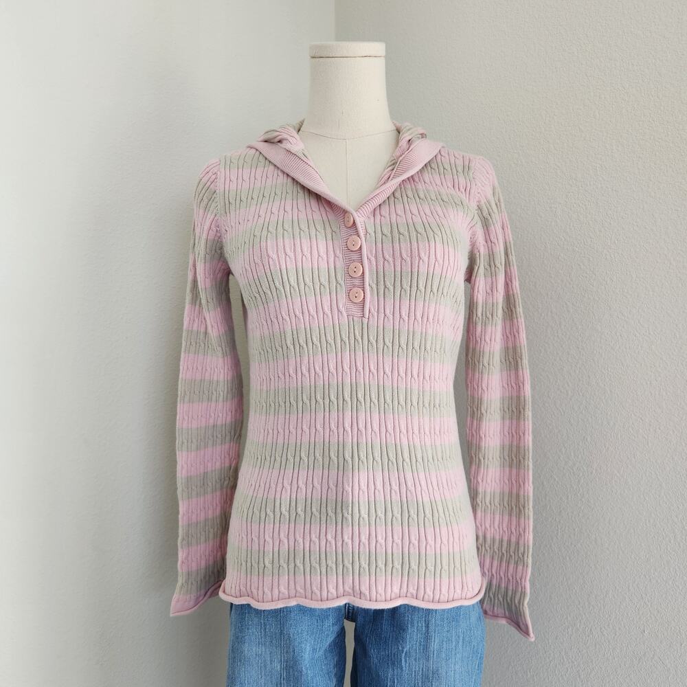 Vintage Y2K Pink Tan Striped Cable Knit Long Sleeve Hooded Sweater Liz Claiborne
